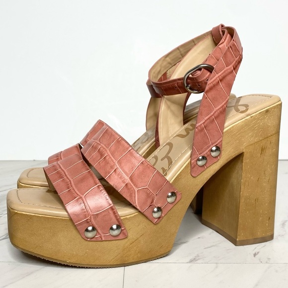 Sam Edelman Rosalind Pink Crocodile Leather Platform Heeled Sandal 7M - Picture 1 of 14